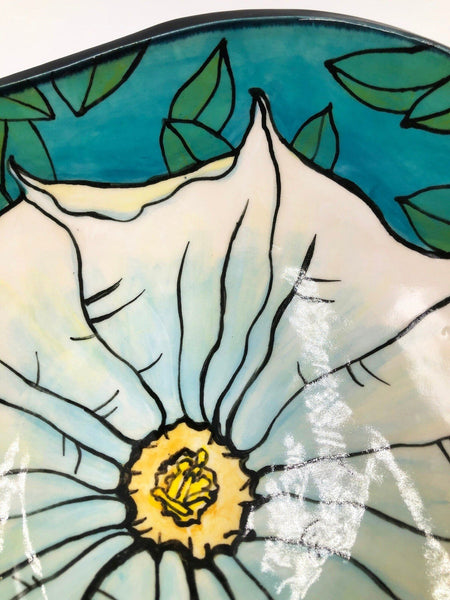 Jimson Weed Flower Handmade Pottery Bowl | Nature Lover Gift | Large Ceramic Fruit Dish, Stoneware Hand Painted One of A Kind, Ready to Ship