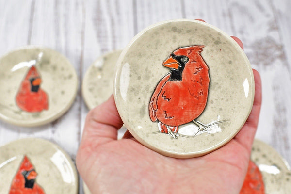 Cardinal Bird Ceramic Small Coffee Spoon Rest, Jewelry Trinket Dish, Handmade Stoneware Pottery, Red, Brown, Black, White