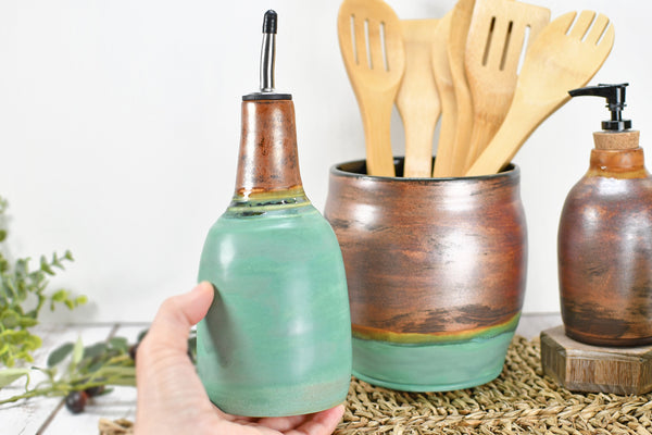 Ceramic Utensil Holder Crock for Kitchen Countertop, Pottery Organizer in Copper & Verdigris Green, Flower Pot or Housewarming Gift