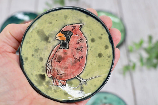 Cardinal Bird Ceramic Small Coffee Spoon Rest, Jewelry Trinket Dish, Handmade Stoneware Pottery, Red, Brown, Black, White