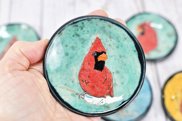 Cardinal Bird Ceramic Small Coffee Spoon Rest, Jewelry Trinket Dish, Handmade Stoneware Pottery, Red, Brown, Black, White