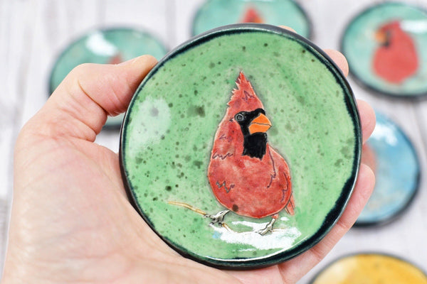 Cardinal Bird Ceramic Small Coffee Spoon Rest, Jewelry Trinket Dish, Handmade Stoneware Pottery, Red, Brown, Black, White