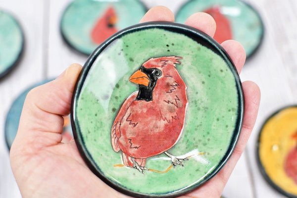 Cardinal Bird Ceramic Small Coffee Spoon Rest, Jewelry Trinket Dish, Handmade Stoneware Pottery, Red, Brown, Black, White