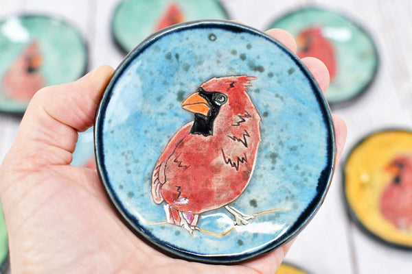 Cardinal Bird Ceramic Small Coffee Spoon Rest, Jewelry Trinket Dish, Handmade Stoneware Pottery, Red, Brown, Black, White
