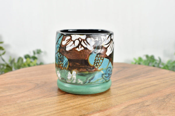 Handmade Pottery Tumbler Cup, Hummingbird Abstract Floral Ceramic Stoneware Hand Painted Copper, Turquoise Blue, Patina Green Christmas Gift for Her