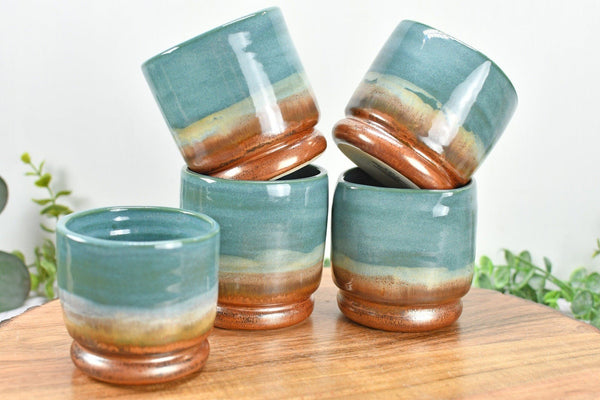 Whiskey Bourbon Tumblers, Handmade Ceramic Pottery Scotch or Wine Barware Birthday, Anniversary or Wedding Gift in Copper, Beachy Blue
