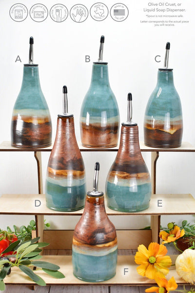 Ceramic Olive Oil Bottle Cruet Dispenser in Copper Teal Gray Blue, Handmade Stoneware Pottery, Liquid Soap or Tabletop Flower Vase