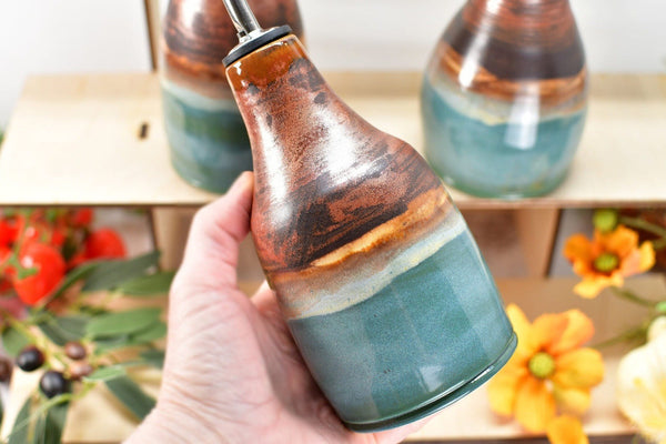 Ceramic Olive Oil Bottle Cruet Dispenser in Copper Teal Gray Blue, Handmade Stoneware Pottery, Liquid Soap or Tabletop Flower Vase