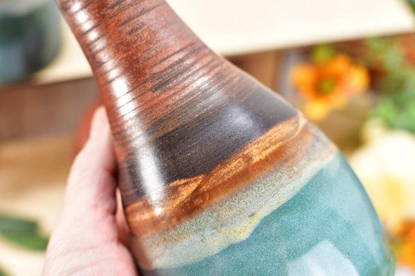 Ceramic Olive Oil Bottle Cruet Dispenser in Copper Teal Gray Blue, Handmade Stoneware Pottery, Liquid Soap or Tabletop Flower Vase