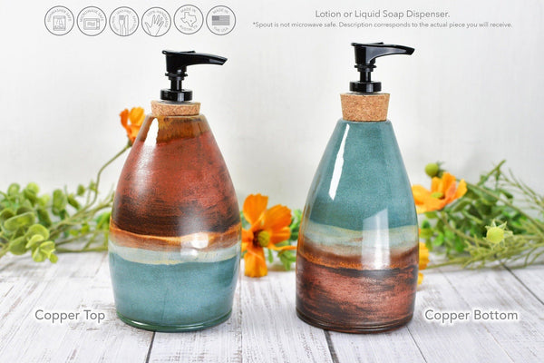Handmade Ceramic Lotion / Soap Dispenser Stoneware Pottery in Copper, Teal, Turquoise, Blue Green for Bathroom and Kitchen Decor