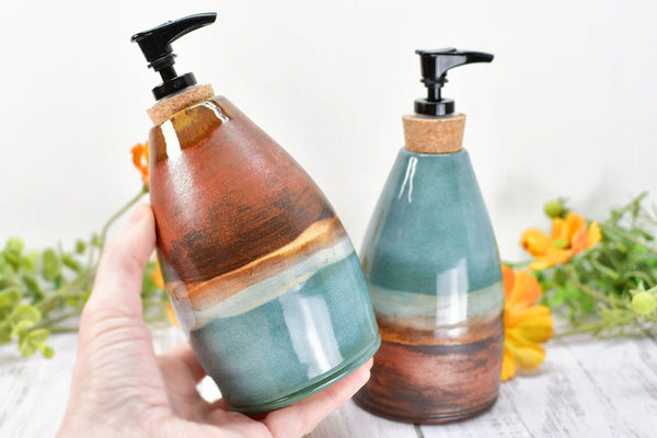 Handmade Ceramic Lotion / Soap Dispenser Stoneware Pottery in Copper, Teal, Turquoise, Blue Green for Bathroom and Kitchen Decor