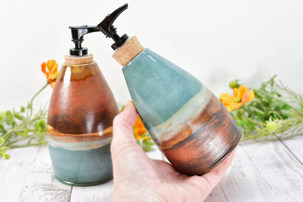 Handmade Ceramic Lotion / Soap Dispenser Stoneware Pottery in Copper, Teal, Turquoise, Blue Green for Bathroom and Kitchen Decor