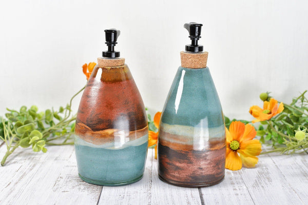 Handmade Ceramic Lotion / Soap Dispenser Stoneware Pottery in Copper, Teal, Turquoise, Blue Green for Bathroom and Kitchen Decor