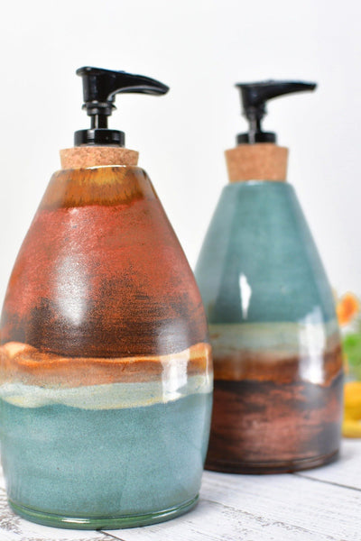 Handmade Ceramic Lotion / Soap Dispenser Stoneware Pottery in Copper, Teal, Turquoise, Blue Green for Bathroom and Kitchen Decor