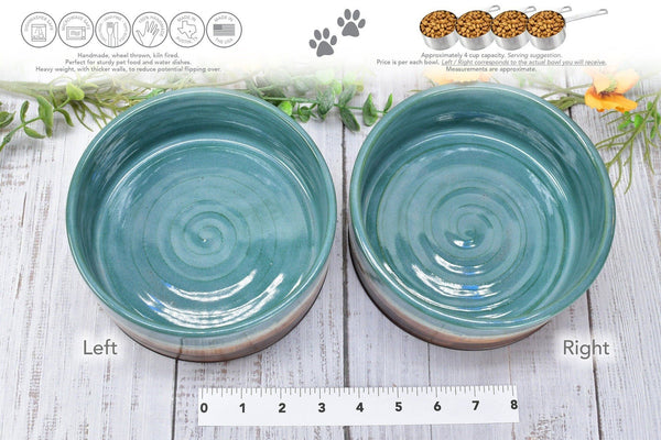 Ceramic Dog Food or Water Bowl, Handmade Stoneware Pottery Wheel Thrown Medium Size Pet Food Dish in Copper and Turquoise Blue Ocean