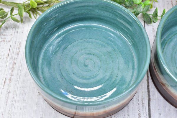 Ceramic Dog Food or Water Bowl, Handmade Stoneware Pottery Wheel Thrown Medium Size Pet Food Dish in Copper and Turquoise Blue Ocean