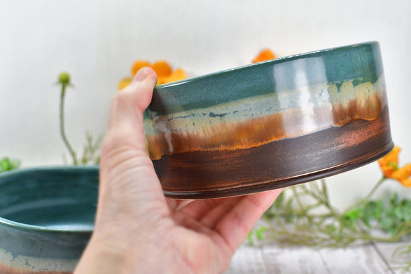 Ceramic Dog Food or Water Bowl, Handmade Stoneware Pottery Wheel Thrown Medium Size Pet Food Dish in Copper and Turquoise Blue Ocean