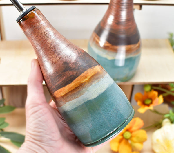 Ceramic Olive Oil Bottle Cruet Dispenser in Copper Teal Gray Blue, Handmade Stoneware Pottery, Liquid Soap or Tabletop Flower Vase