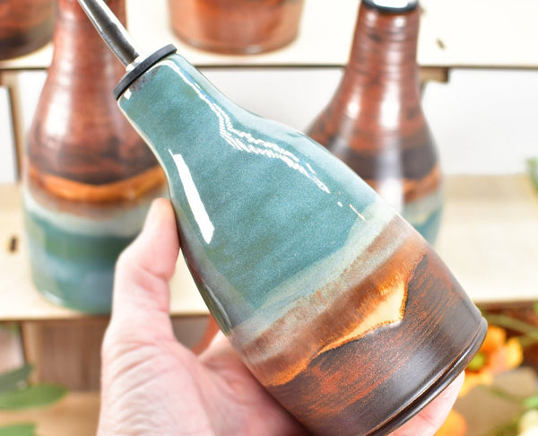 Ceramic Olive Oil Bottle Cruet Dispenser in Copper Teal Gray Blue, Handmade Stoneware Pottery, Liquid Soap or Tabletop Flower Vase