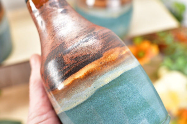 Ceramic Olive Oil Bottle Cruet Dispenser in Copper Teal Gray Blue, Handmade Stoneware Pottery, Liquid Soap or Tabletop Flower Vase
