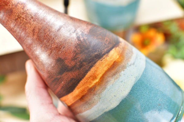 Ceramic Olive Oil Bottle Cruet Dispenser in Copper Teal Gray Blue, Handmade Stoneware Pottery, Liquid Soap or Tabletop Flower Vase