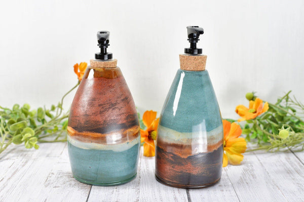 Handmade Ceramic Lotion / Soap Dispenser Stoneware Pottery in Copper, Teal, Turquoise, Blue Green for Bathroom and Kitchen Decor