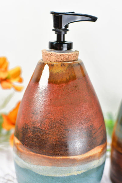 Handmade Ceramic Lotion / Soap Dispenser Stoneware Pottery in Copper, Teal, Turquoise, Blue Green for Bathroom and Kitchen Decor