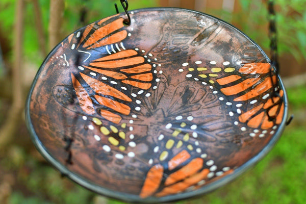 Monarch Butterfly Handmade Ceramic Bird Feeder Plate with Black Metal Hanger, in Copper Bronze Orange & Black, Pottery Gift for Nature Lover