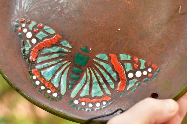 Butterfly Handmade Ceramic Bird Feeder Plate with Black Metal Hanger, in Bronze, Black, Blue & Red, Garden Pottery Gift for Nature Lover