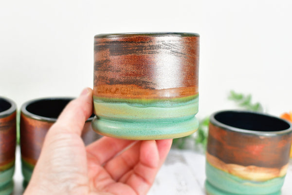 Copper Whiskey Bourbon Tumblers, Handmade Ceramic Pottery Scotch Barware Anniversary or Gift for Groomsman in Black, & Satin Patina Green