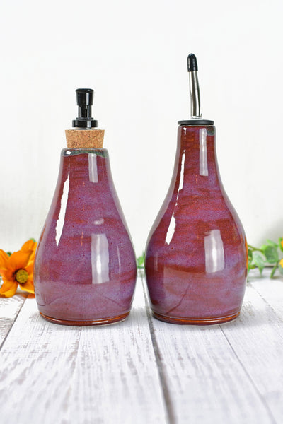 Handmade Ceramic Lotion / Soap / Olive Oil Cruet Dispenser Stoneware Pottery in Purple Lavender for Bathroom and Kitchen Decor