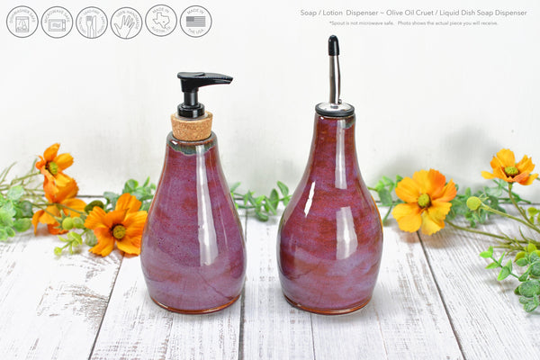 Handmade Ceramic Lotion / Soap / Olive Oil Cruet Dispenser Stoneware Pottery in Purple Lavender for Bathroom and Kitchen Decor