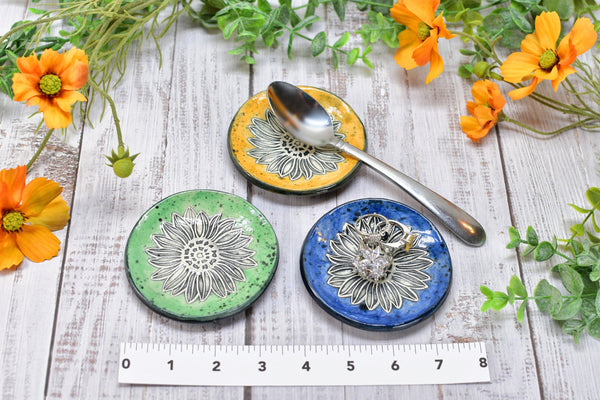 Sunflower Ceramic Small Coffee Spoon Rest, Handmade Jewelry Trinket Dish, Hand Painted Stoneware Pottery Gift in Blue, Green, and Yellow