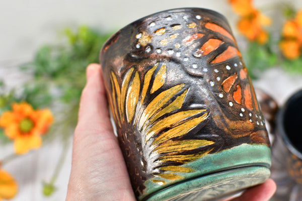 Sunflower Butterfly Handmade Ceramic Coffee Mug, with Monarch in Orange, Yellow, Purple & Copper Bronze Pottery Birthday Gift or Anniversary