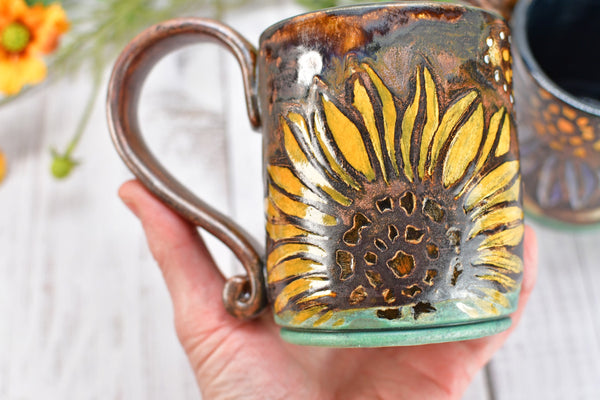 Sunflower Butterfly Handmade Ceramic Coffee Mug, with Monarch in Orange, Yellow, Purple & Copper Bronze Pottery Birthday Gift or Anniversary
