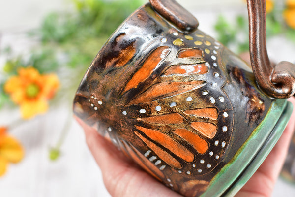 Sunflower Butterfly Handmade Ceramic Coffee Mug, with Monarch in Orange, Yellow, Purple & Copper Bronze Pottery Birthday Gift or Anniversary