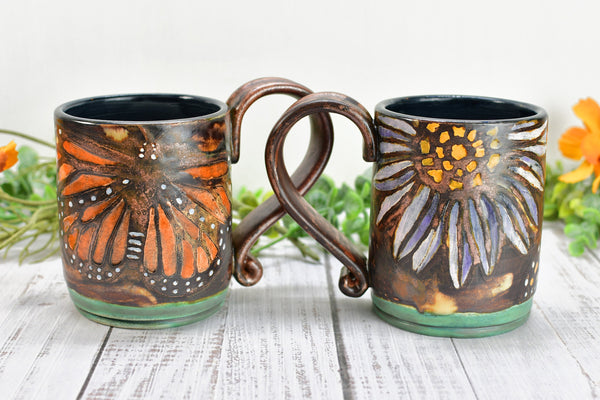 Sunflower Butterfly Handmade Ceramic Coffee Mug, with Monarch in Orange, Yellow, Purple & Copper Bronze Pottery Birthday Gift or Anniversary