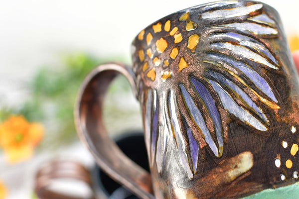 Sunflower Butterfly Handmade Ceramic Coffee Mug, with Monarch in Orange, Yellow, Purple & Copper Bronze Pottery Birthday Gift or Anniversary