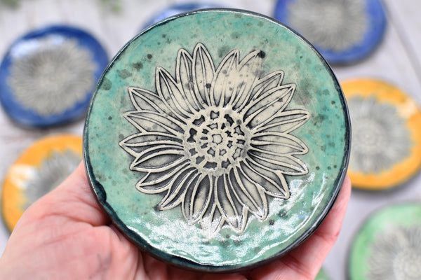 Sunflower Ceramic Small Coffee Spoon Rest, Handmade Jewelry Trinket Dish, Hand Painted Stoneware Pottery Gift in Blue, Green, and Yellow