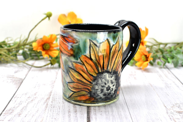 Sunflowers Ceramic Coffee Mug, Handmade Pottery Stoneware Cup in Orange, Black, Green & Yellow with Hand Painted Flowers, Gift for Her