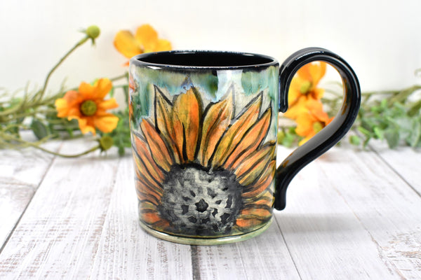 Sunflowers Ceramic Coffee Mug, Handmade Pottery Stoneware Cup in Orange, Black, Green & Yellow with Hand Painted Flowers, Gift for Her