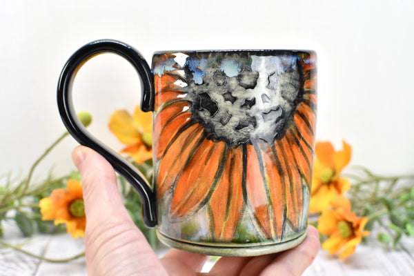 Sunflowers Ceramic Coffee Mug, Handmade Pottery Stoneware Cup in Orange, Black, Green & Yellow with Hand Painted Flowers, Gift for Her