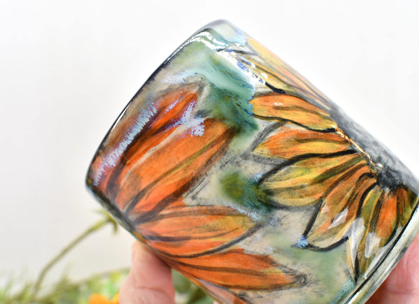 Sunflowers Ceramic Coffee Mug, Handmade Pottery Stoneware Cup in Orange, Black, Green & Yellow with Hand Painted Flowers, Gift for Her