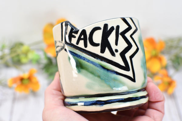 Raven Bird Handmade Pottery Cup, Fuck Funny Ceramic Handleless Whiskey Cocktail Gift, Stoneware Hand Painted, Microwave Safe, Ready to Ship