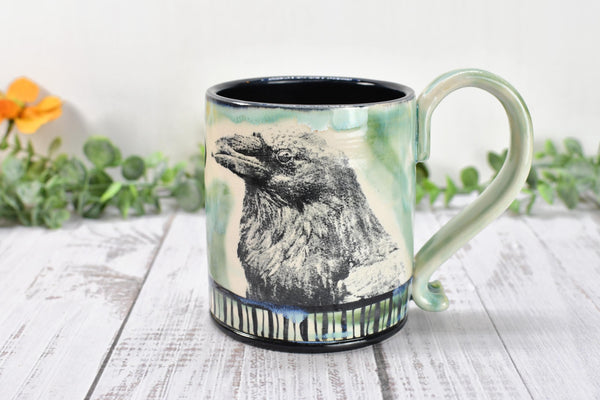 No Talkie Before Coffee Raven Bird Handmade Pottery Mug, Funny Ceramic Cup Gift, Hand Painted Stoneware, Microwave Safe, Ready to Ship