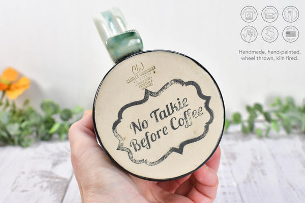 No Talkie Before Coffee Raven Bird Handmade Pottery Mug, Funny Ceramic Cup Gift, Hand Painted Stoneware, Microwave Safe, Ready to Ship