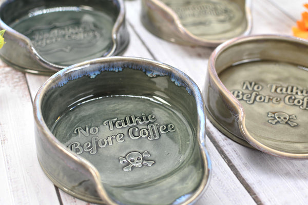 No Talkie Before Coffee Large Ceramic Stove Top Spoon Rest, Handmade Stoneware Pottery in Charcoal Gray Tea Bag Rest with Skull & Crossbones