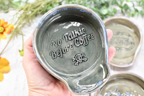 No Talkie Before Coffee Large Ceramic Stove Top Spoon Rest, Handmade Stoneware Pottery in Charcoal Gray Tea Bag Rest with Skull & Crossbones