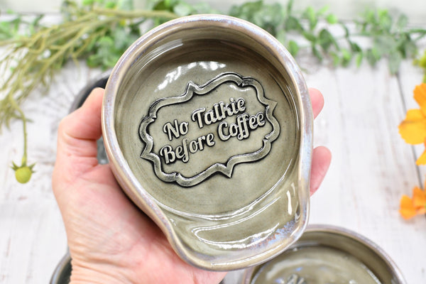 No Talkie Before Coffee Large Ceramic Stove Top Spoon Rest, Handmade Stoneware Pottery in Charcoal Gray Tea Bag Rest with Skull & Crossbones