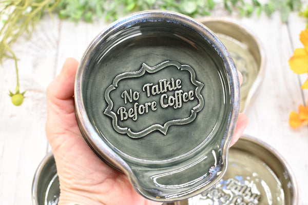 No Talkie Before Coffee Large Ceramic Stove Top Spoon Rest, Handmade Stoneware Pottery in Charcoal Gray Tea Bag Rest with Skull & Crossbones
